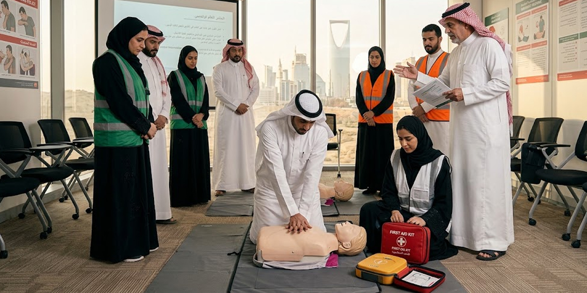 Employee practicing CPR and first aid during workplace training in Saudi Arabia
