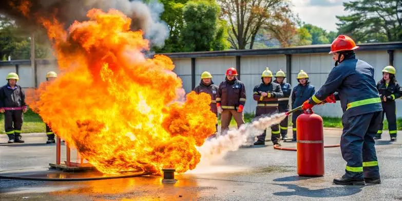 Employee practicing fire extinguisher use during workplace fire safety training in Saudi Arabia